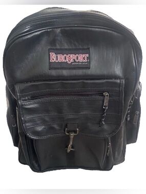 Eurosport HYUK Black Leather Backpack Large Vintage Travel Bag Multi-Pocket